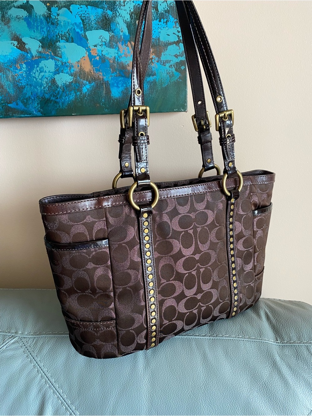 🤎 Coach Gallery Signature Canvas Shoulder Tote with Stud Trim in Brown